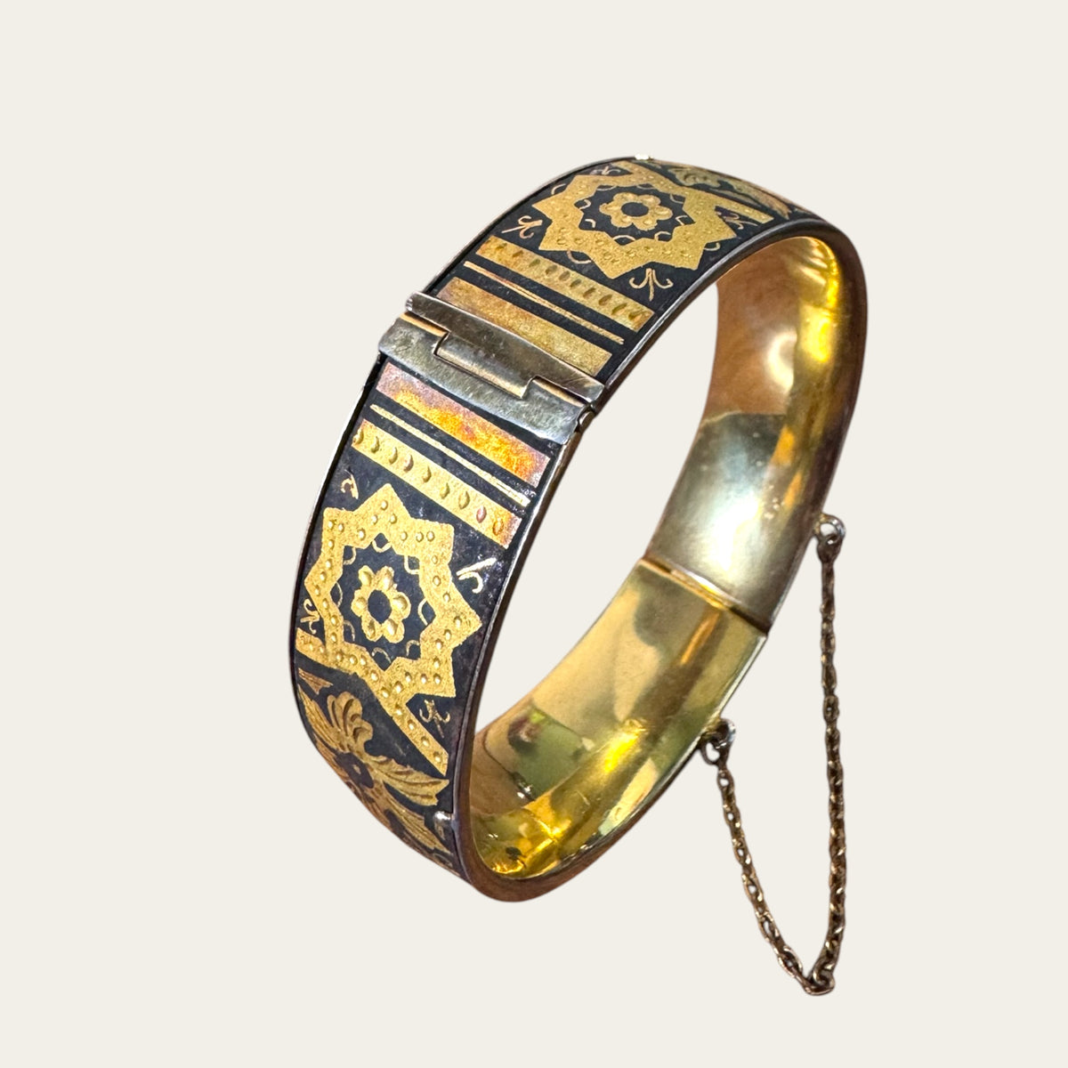 Vintage Spanish Damascene Hinged Cuff Bracelet – Black & Gold Toledo Inlay, Mid-Century