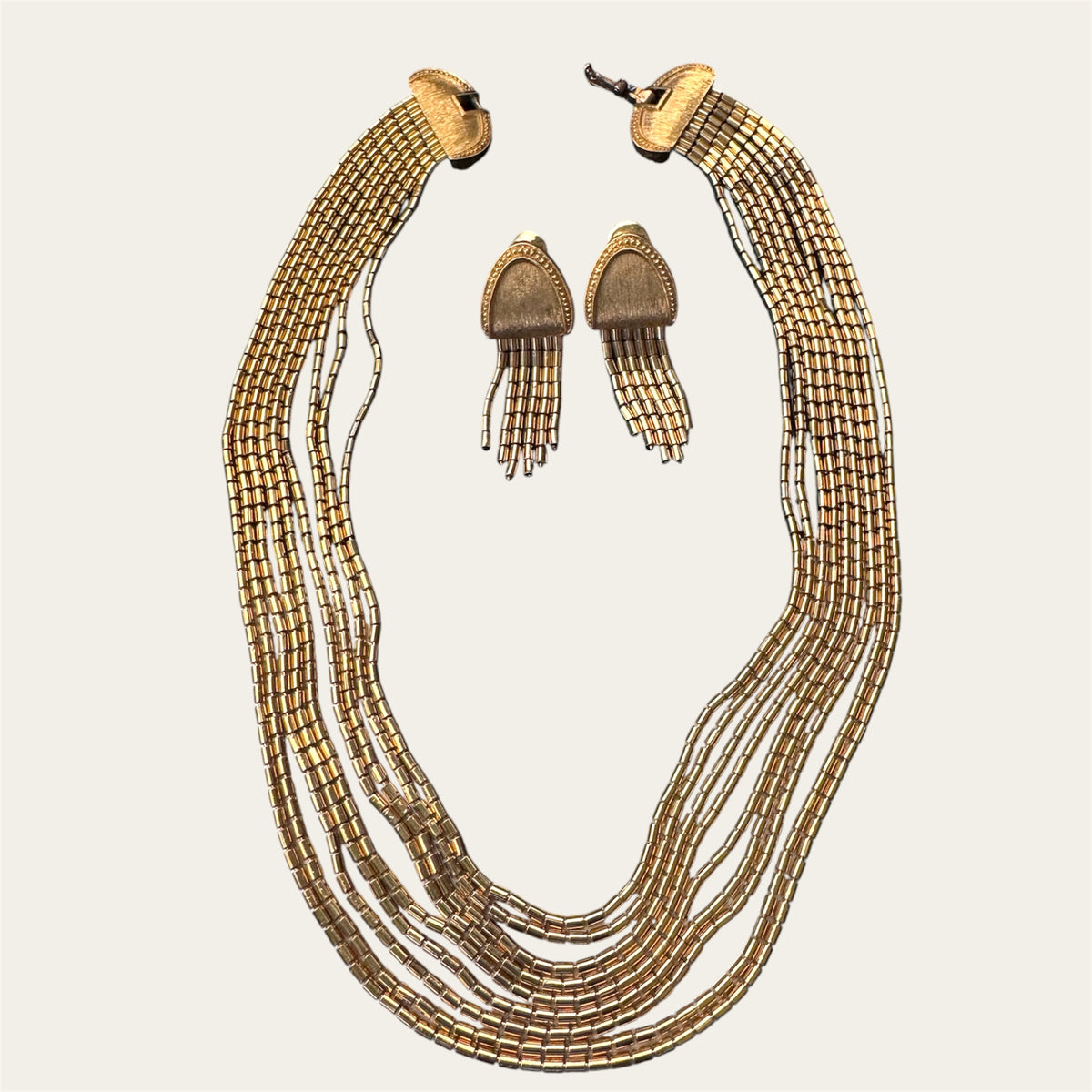 Vintage Monet “Tempo” Multi-Strand Gold Beaded Choker & Dangle Earring Set, 1960s | Nine Strand Sculptural Design