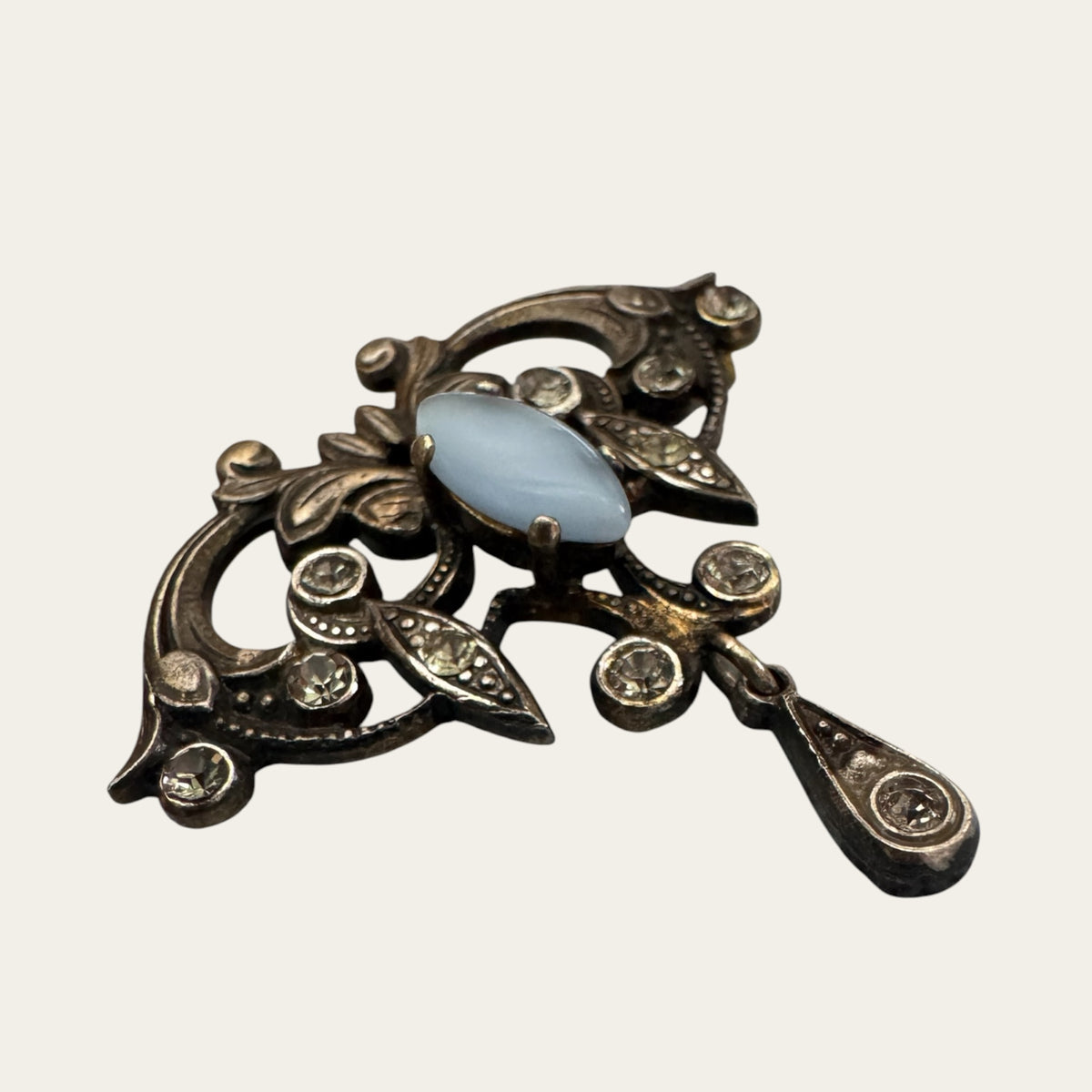 Edwardian Revival Moonstone Navette & Foiled Rhinestone Lavalier-Style Brooch