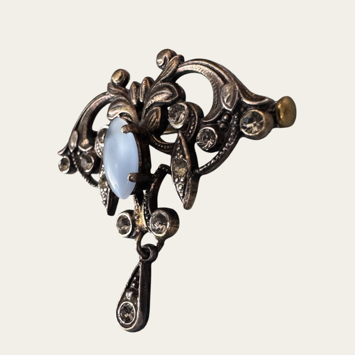 Edwardian Revival Moonstone Navette & Foiled Rhinestone Lavalier-Style Brooch