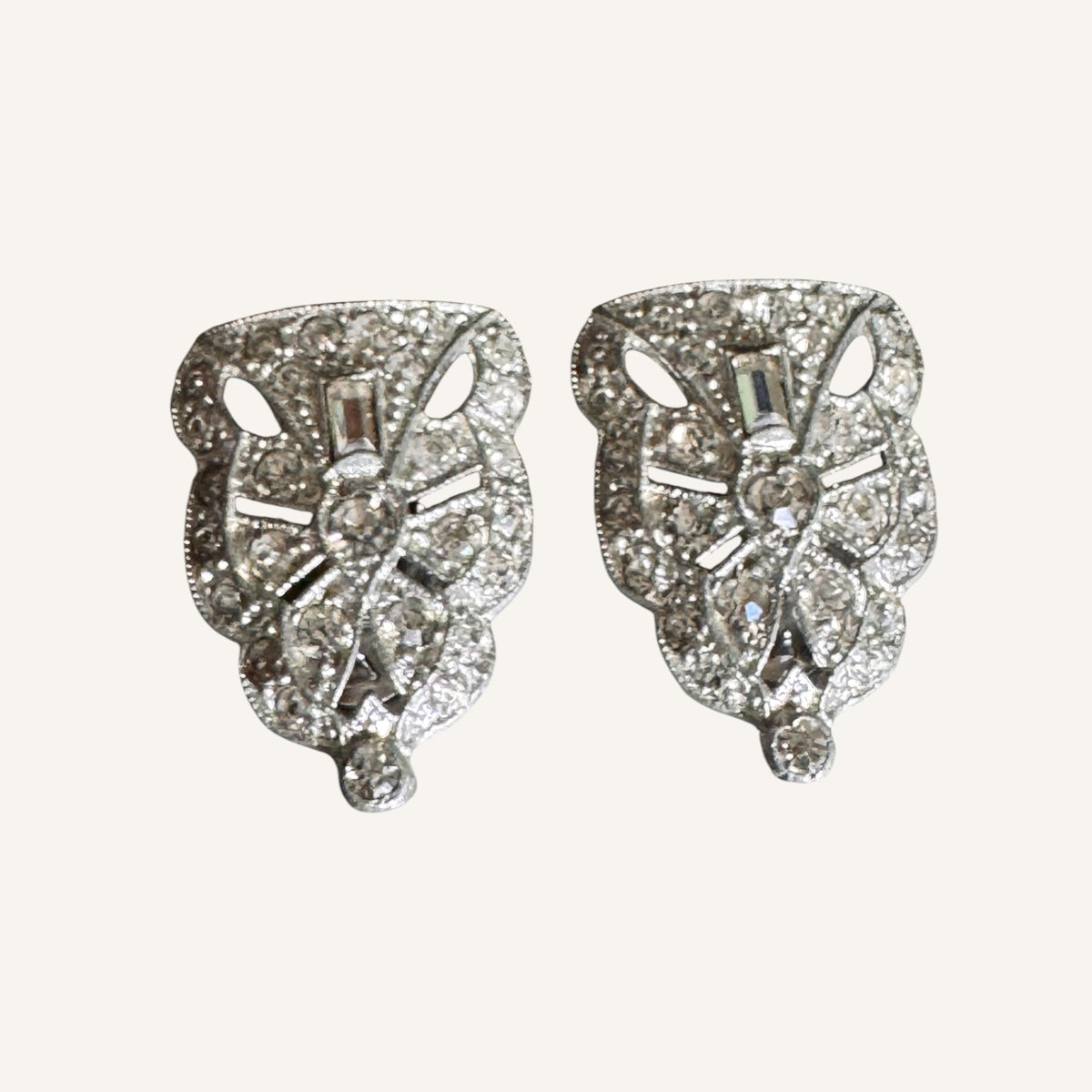 Rare Art Deco Paste Dress Clips Pair | 1930s Silvertone Rhinestone Fur Clips | Patent No. 185-2188