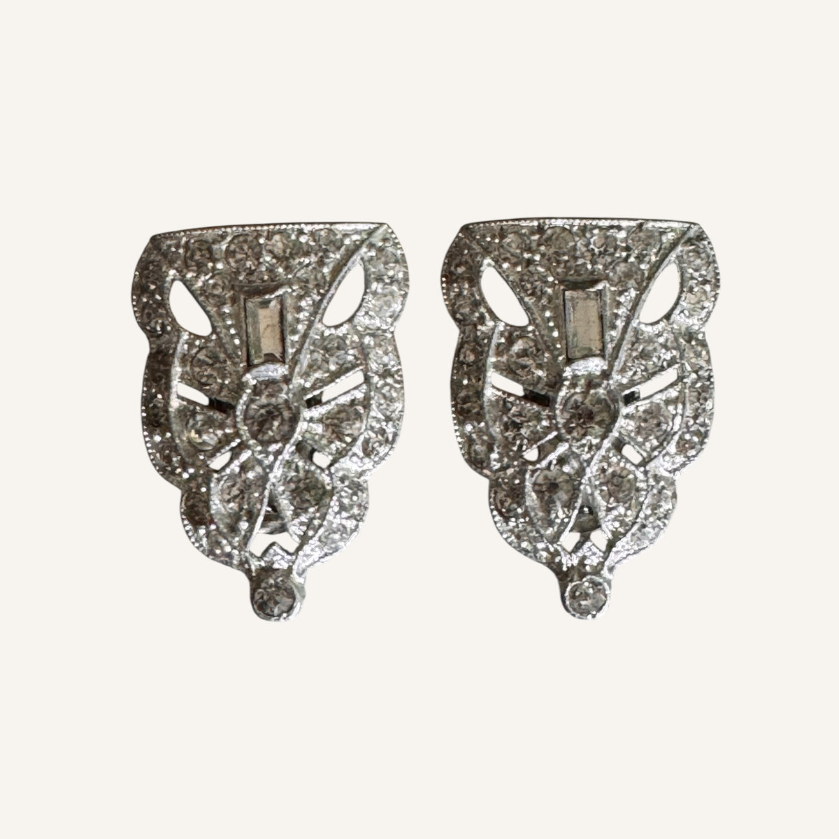 Rare Art Deco Paste Dress Clips Pair | 1930s Silvertone Rhinestone Fur Clips | Patent No. 185-2188