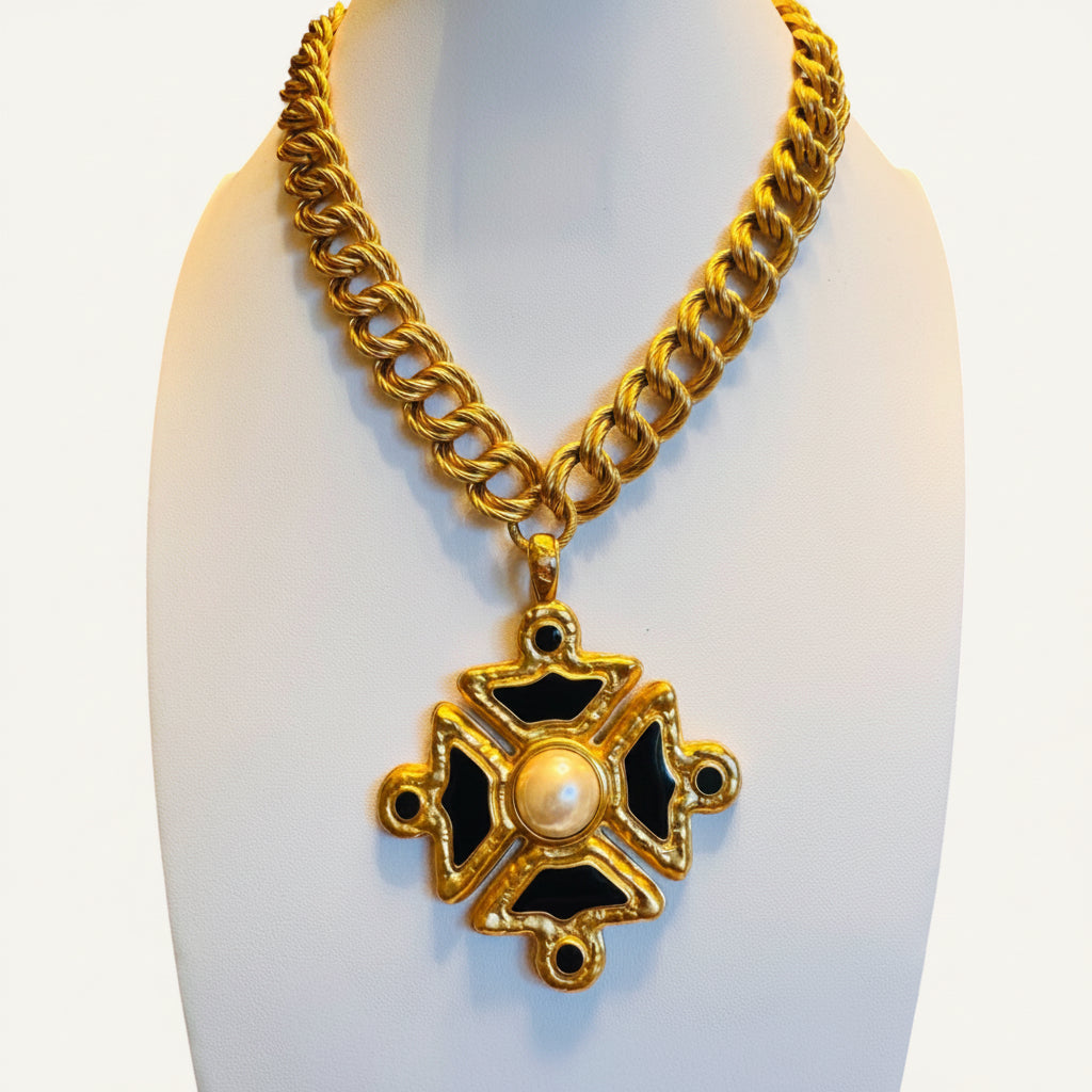 Rare Vintage Anne Klein Heavy Maltese Cross Necklace with Black Enamel and Faux Pearl Pendant
