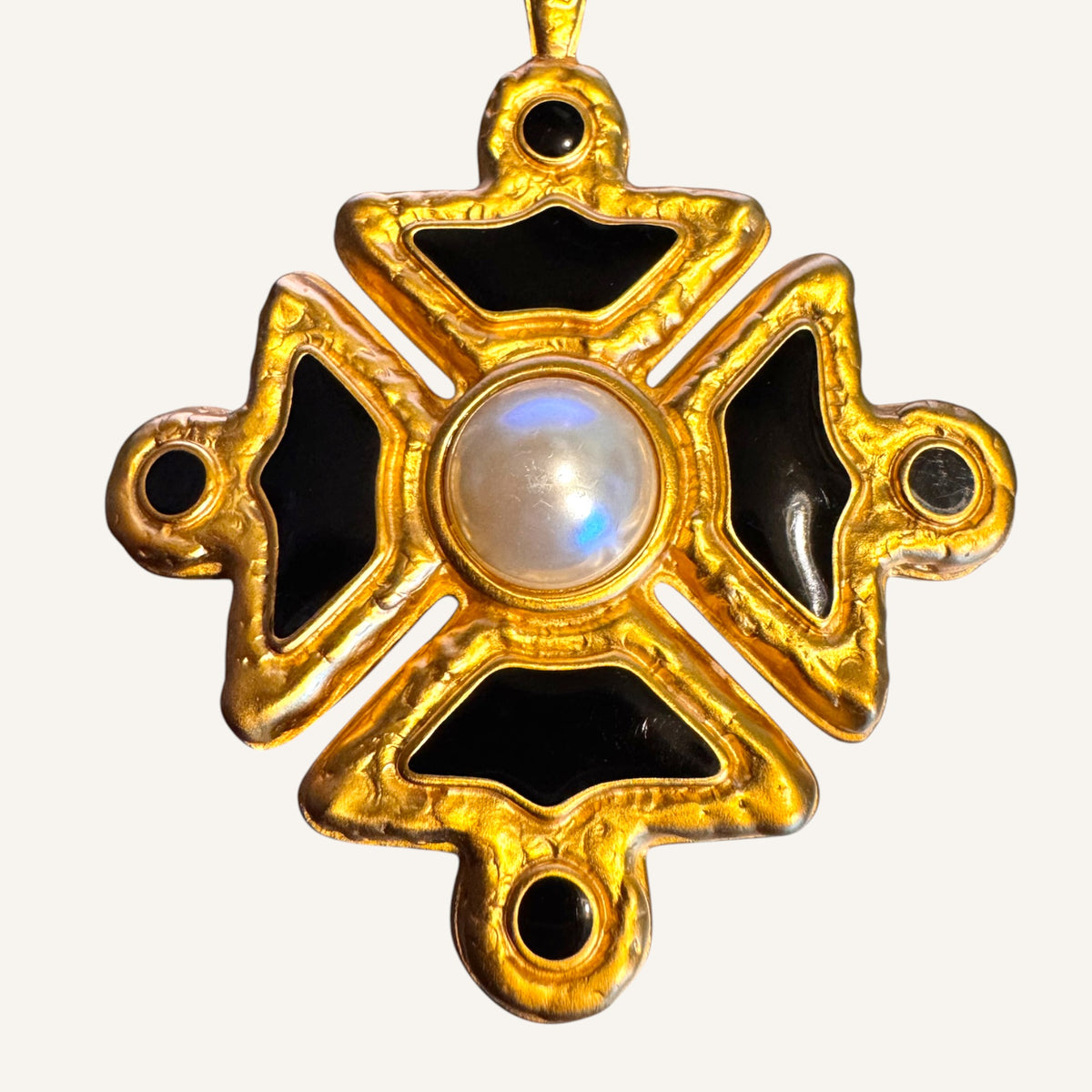 Rare Vintage Anne Klein Heavy Maltese Cross Necklace with Black Enamel and Faux Pearl Pendant