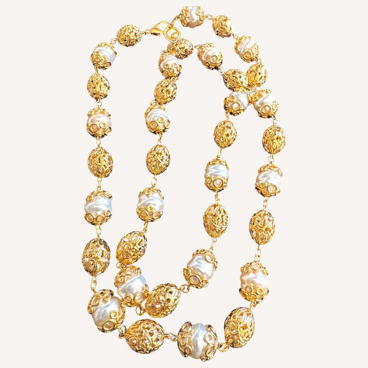 St. John Baroque Pearl & Filigree Station Necklace 1990s Vintage Couture