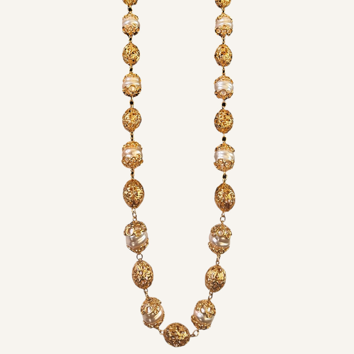 St. John Baroque Pearl & Filigree Station Necklace 1990s Vintage Couture