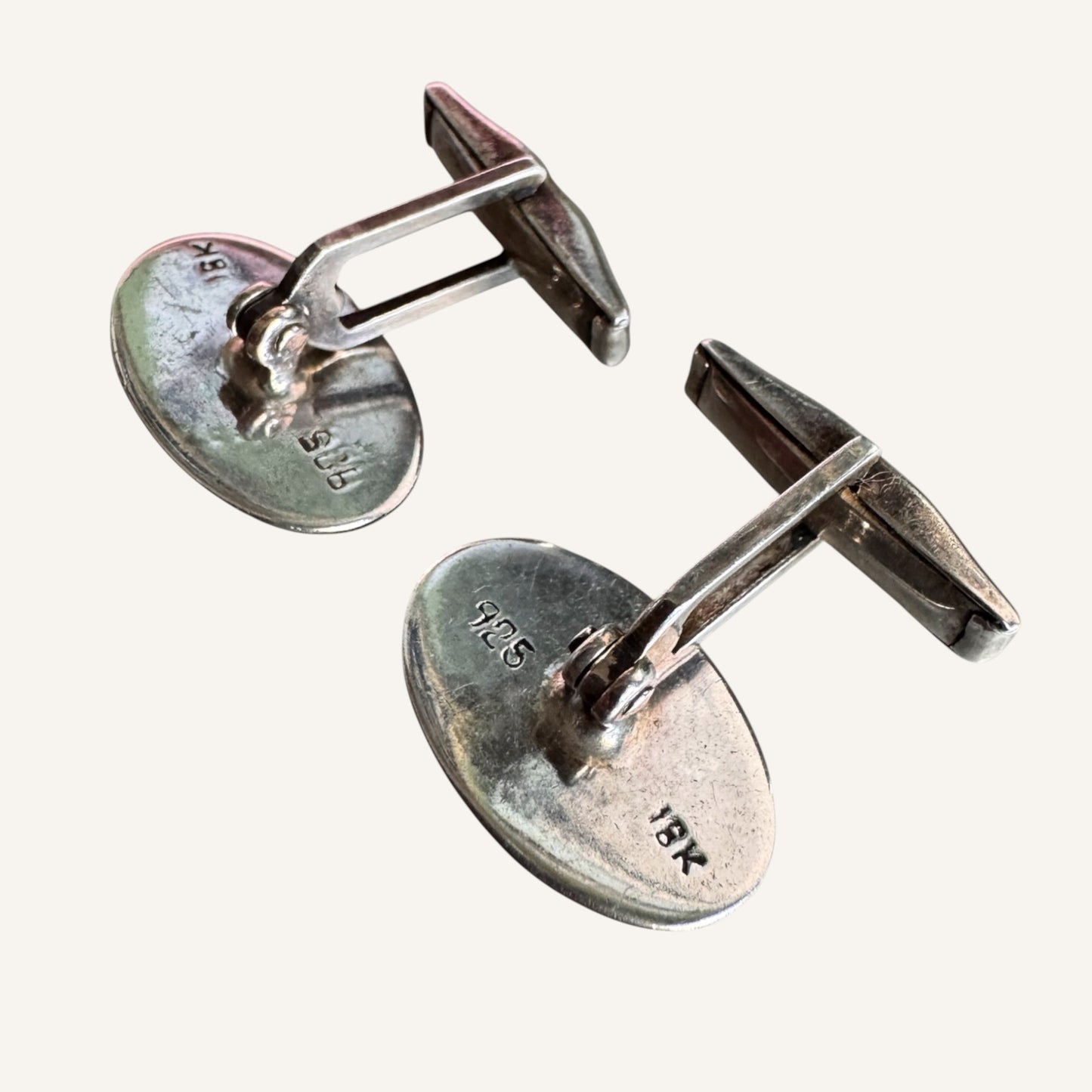 Vintage 18K Gold & Sterling Silver Aztec Motif Cufflinks 925 Sterling 18K Gold Accent