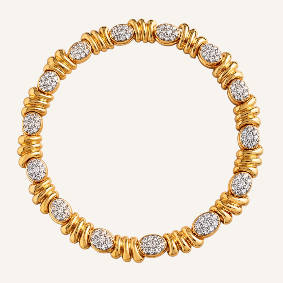 VO / AFJ Signed Runway Collar Necklace | 1980s–1990s Gold Tone Rhinestone Statement Necklace