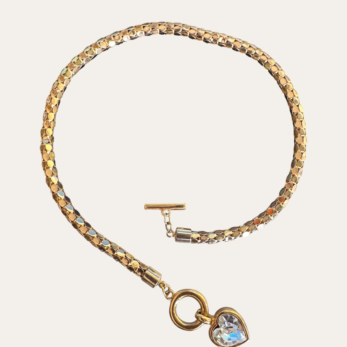 Vintage Givenchy Gold-Tone Mesh Heart Necklace | Crystal Heart Toggle | Rare Designer Jewelry