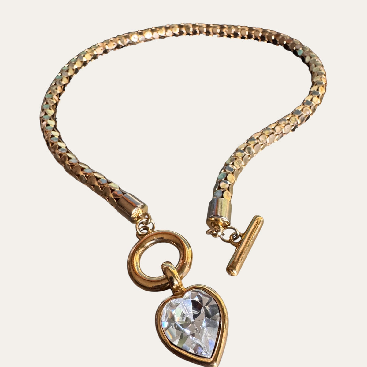 Vintage Givenchy Gold-Tone Mesh Heart Necklace | Crystal Heart Toggle | Rare Designer Jewelry