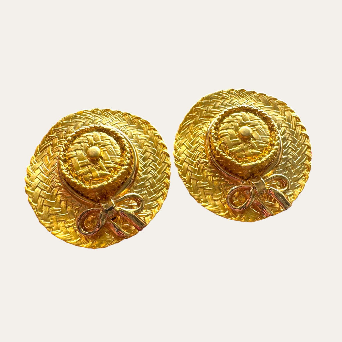 Vintage Gold Tone Woven Straw Hat Clip-On Statement Earrings