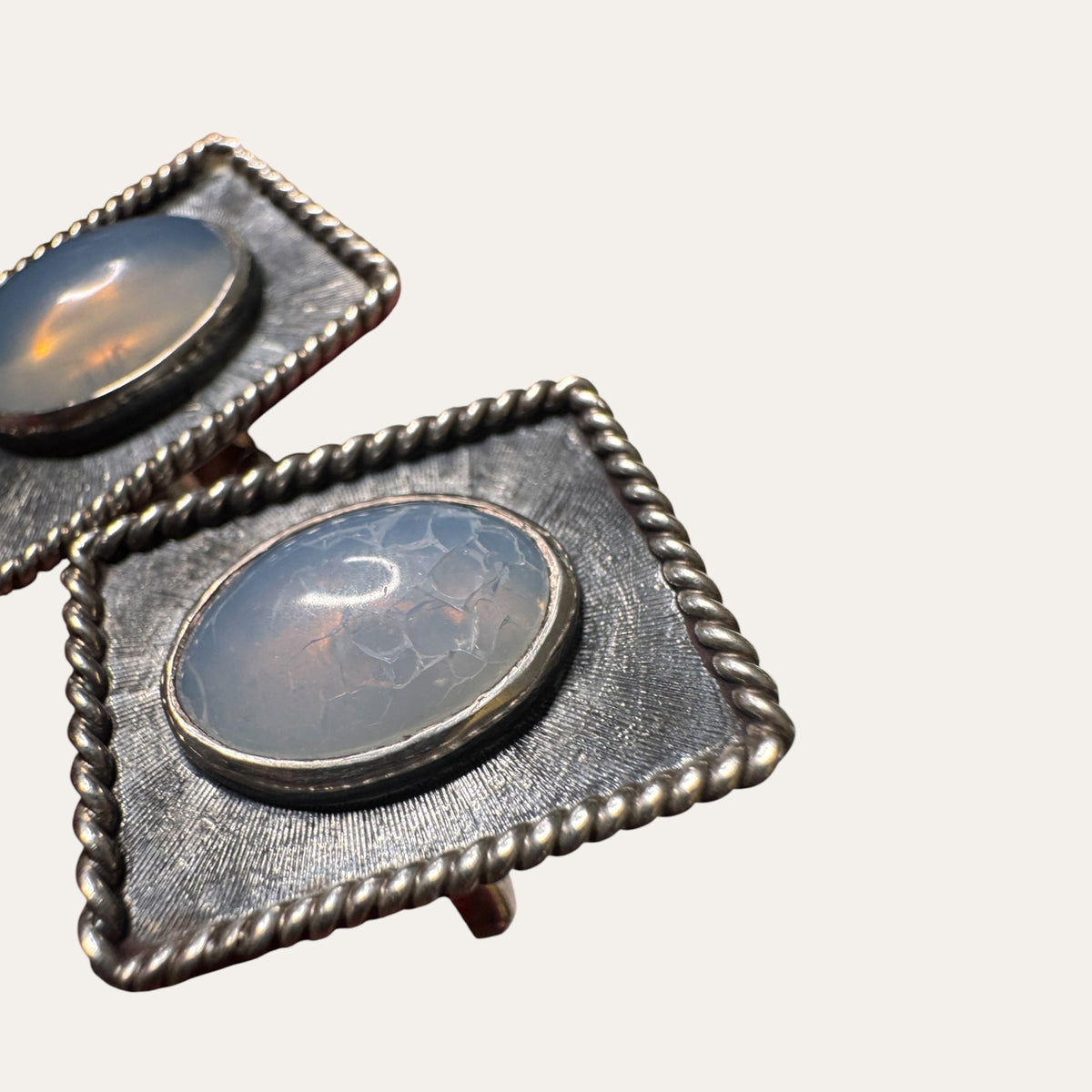 Vintage Sterling Silver Moonstone Cufflinks – Sculptural Rope Border Men’s Jewelry