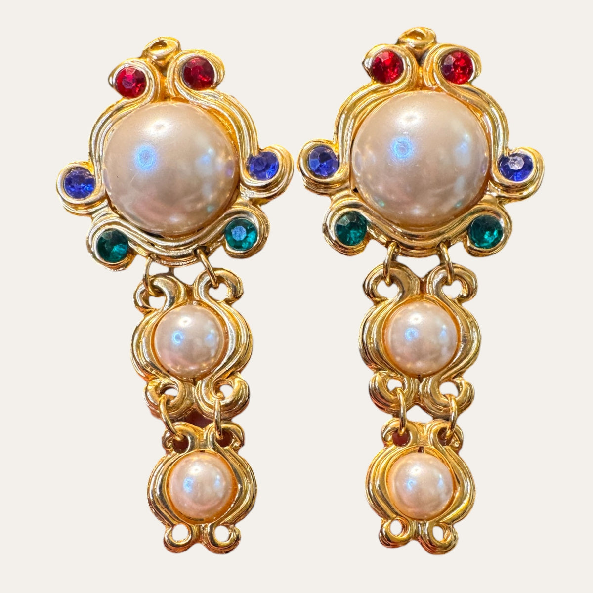 Vintage Etruscan Revival-Inspired Faux Pearl & Glass Rhinestone Articulated Clip-On Earrings