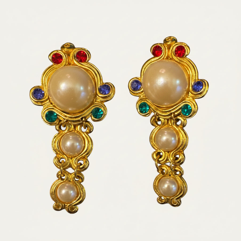 Vintage Etruscan Revival-Inspired Faux Pearl & Glass Rhinestone Articulated Clip-On Earrings
