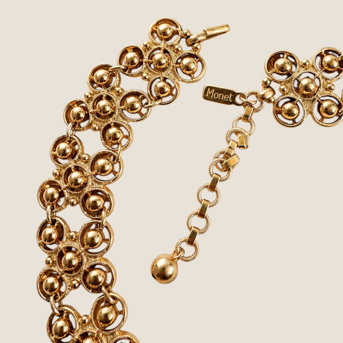 Vintage 1971 MONET “Moresque” Gold-Tone Etruscan Revival Articulated Runway Statement Bib Necklace