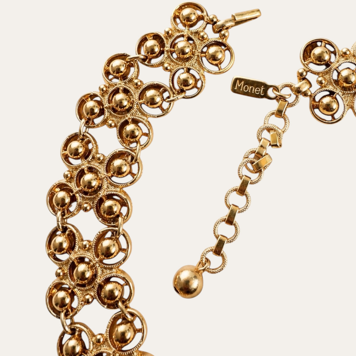 Vintage 1971 MONET “Moresque” Gold-Tone Etruscan Revival Articulated Runway Statement Bib Necklace