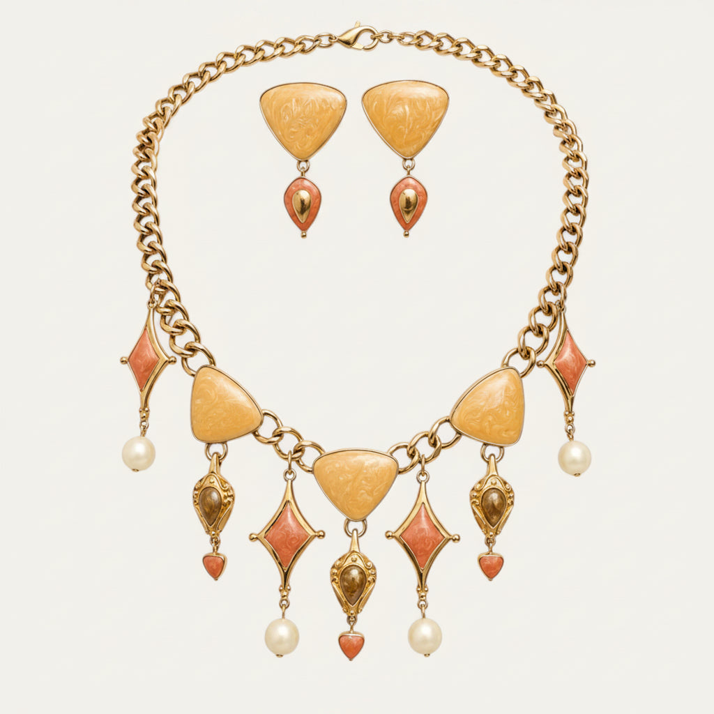 Vintage Trifari Gold Tone Marbled Enamel Statement Necklace & Earrings Demi-Parure