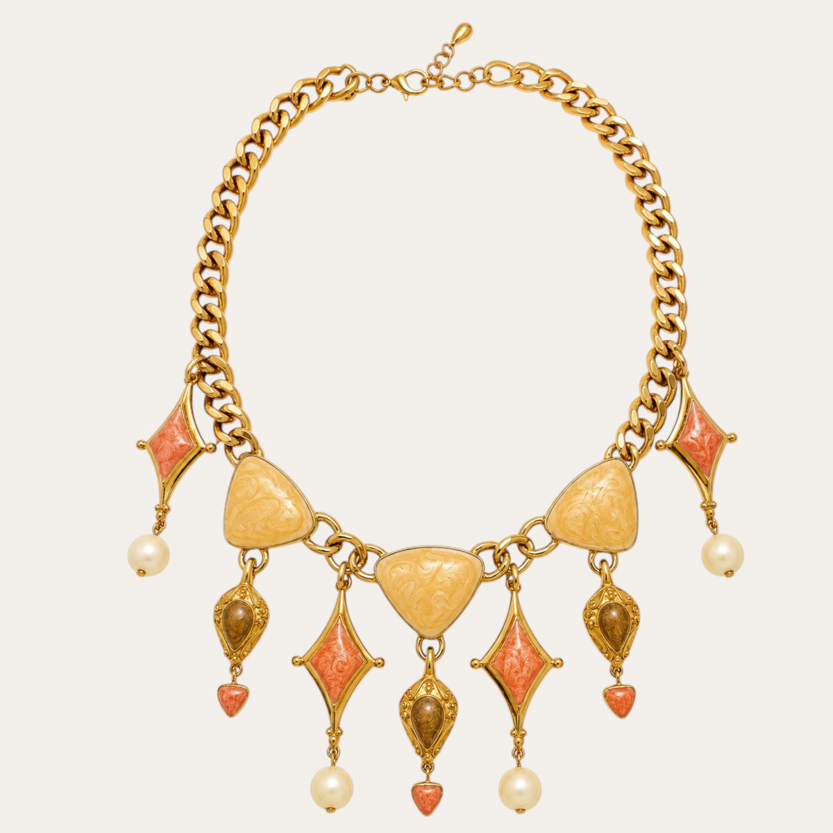 Vintage Trifari Gold Tone Marbled Enamel Statement Necklace & Earrings Demi-Parure