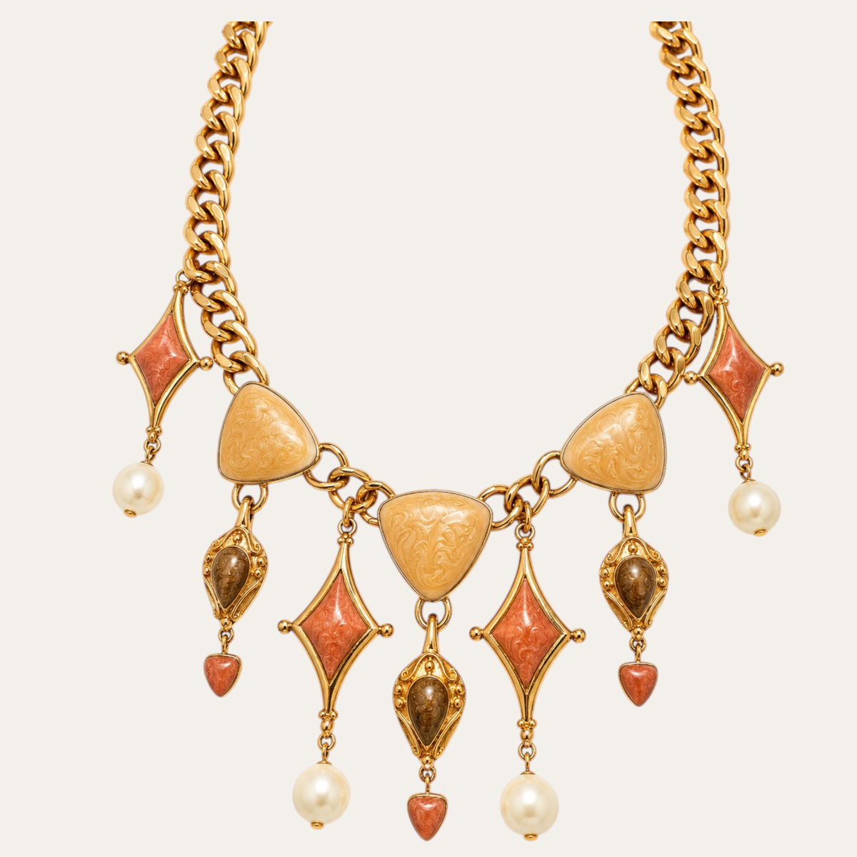 Vintage Trifari Gold Tone Marbled Enamel Statement Necklace & Earrings Demi-Parure