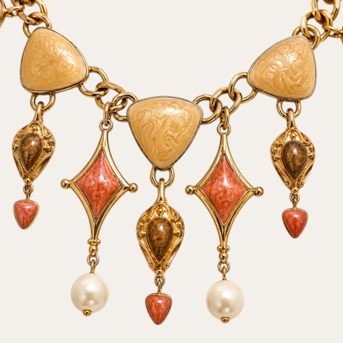 Vintage Trifari Gold Tone Marbled Enamel Statement Necklace & Earrings Demi-Parure