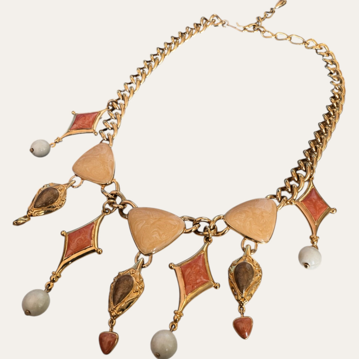 Vintage Trifari Gold Tone Marbled Enamel Statement Necklace & Earrings Demi-Parure