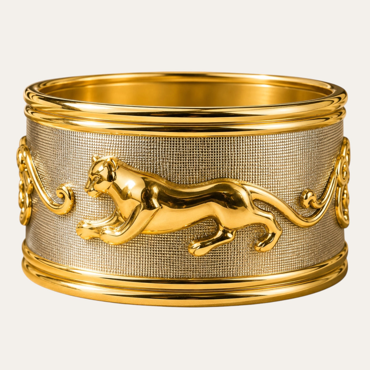 Vintage Cartier-Inspired Walking Cats Hinged Statement Bracelet — Gold & Textured Silver Tone