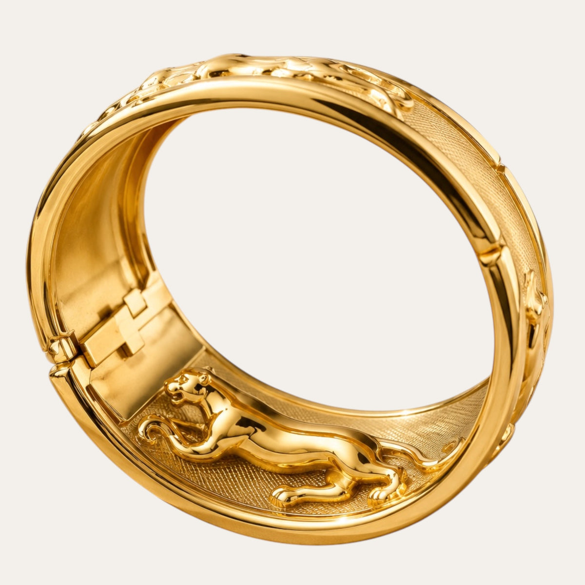 Vintage Cartier-Inspired Walking Cats Hinged Statement Bracelet — Gold & Textured Silver Tone