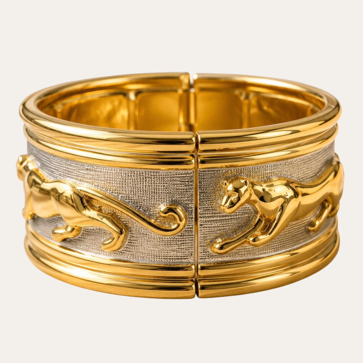 Vintage Cartier-Inspired Walking Cats Hinged Statement Bracelet — Gold & Textured Silver Tone