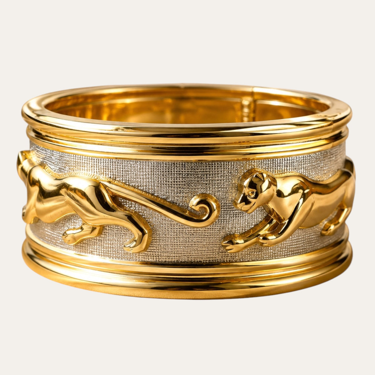 Vintage Cartier-Inspired Walking Cats Hinged Statement Bracelet — Gold & Textured Silver Tone