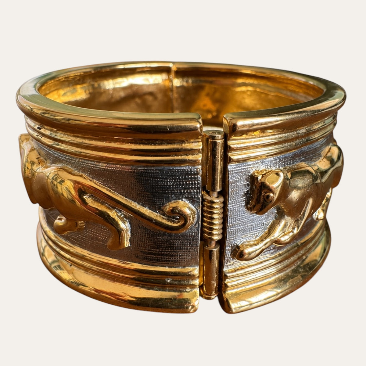 Vintage Cartier-Inspired Walking Cats Hinged Statement Bracelet — Gold & Textured Silver Tone