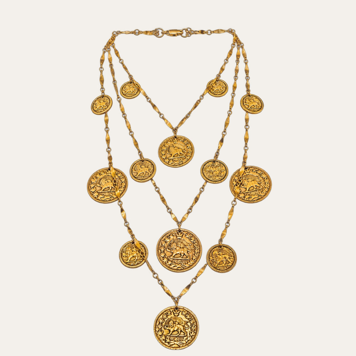 Authentic Vintage Goldette N.Y. Three-Strand Gold Coin Medallion Statement Necklace | c. Late 1950s–Early 1960s