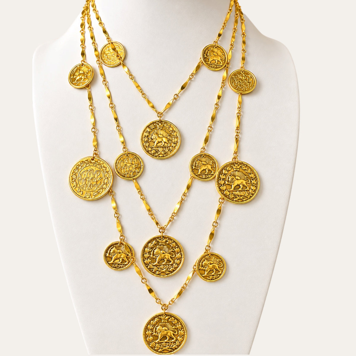 Authentic Vintage Goldette N.Y. Three-Strand Gold Coin Medallion Statement Necklace | c. Late 1950s–Early 1960s