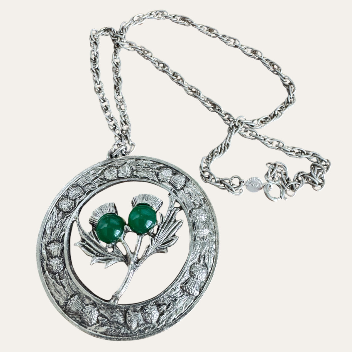 Vintage Accessocraft N.Y.C. Scottish Thistle Green Glass Cabochon Medallion Necklace