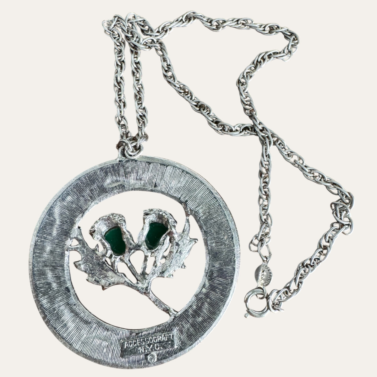 Vintage Accessocraft N.Y.C. Scottish Thistle Green Glass Cabochon Medallion Necklace