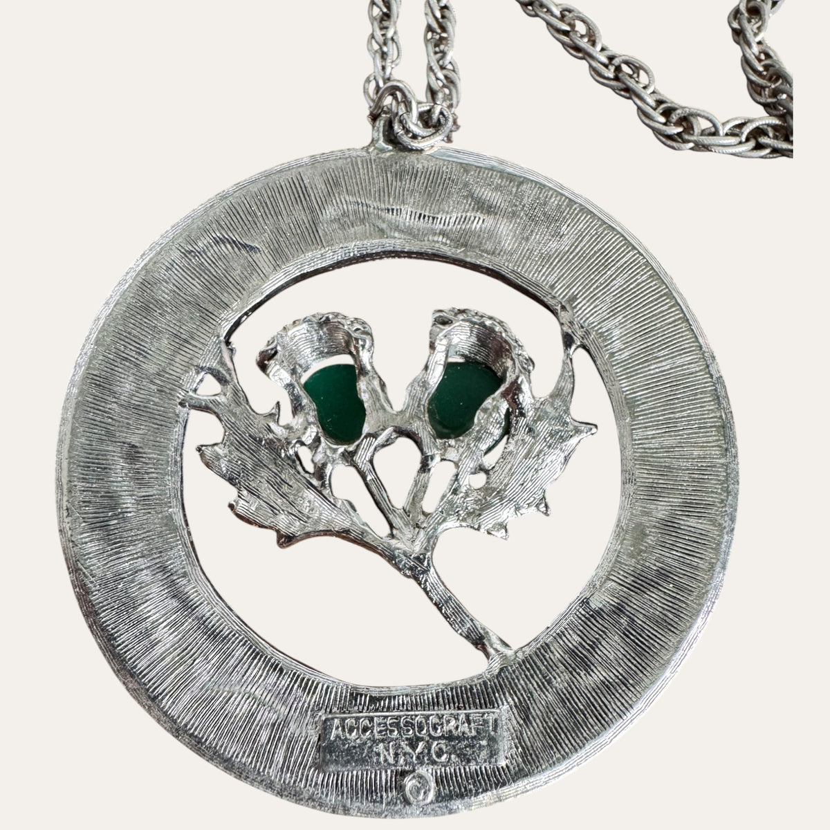Vintage Accessocraft N.Y.C. Scottish Thistle Green Glass Cabochon Medallion Necklace
