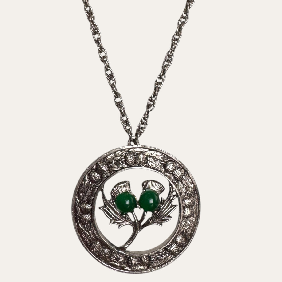 Vintage Accessocraft N.Y.C. Scottish Thistle Green Glass Cabochon Medallion Necklace