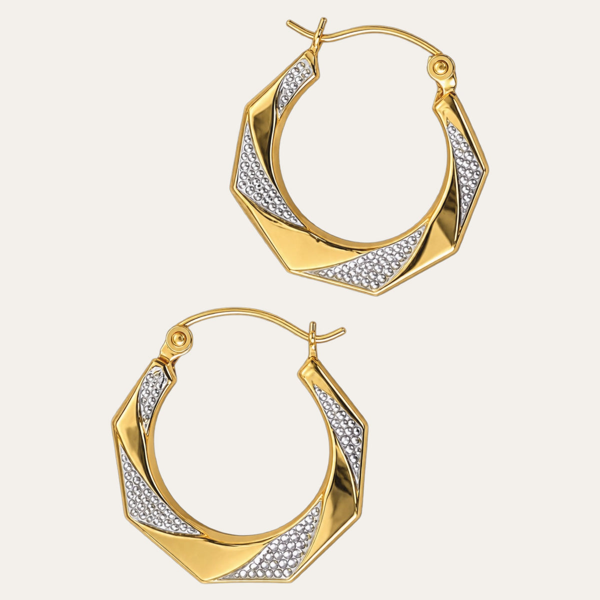 Vintage 10K Two-Tone Yellow & White Real Gold Textured Huggie Hoop Earrings