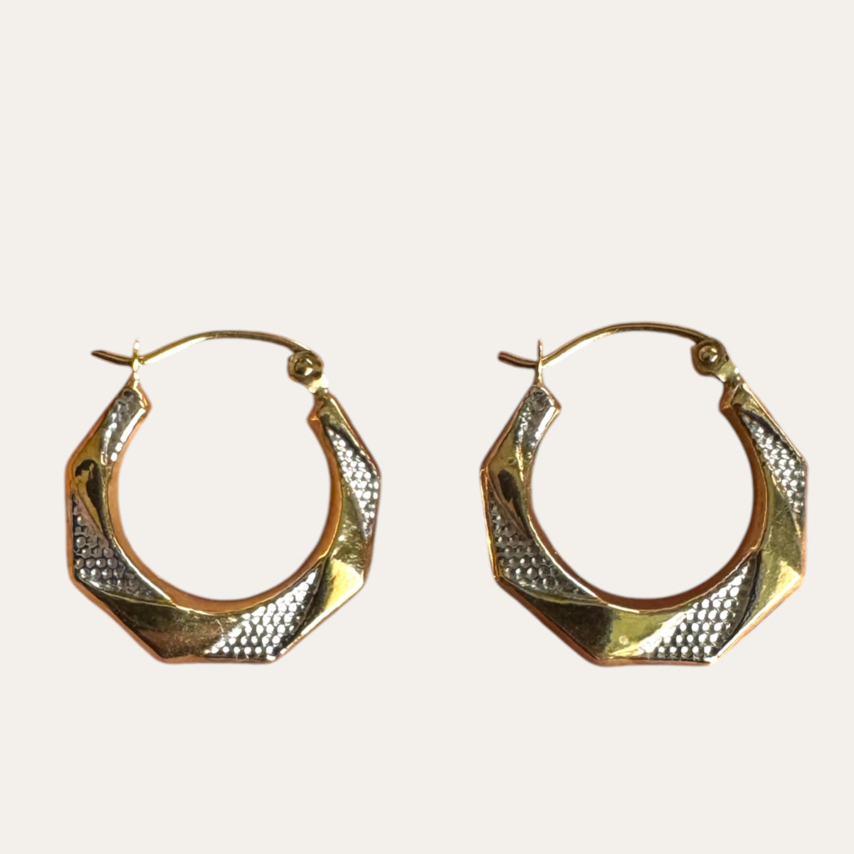 Vintage 10K Two-Tone Yellow & White Real Gold Textured Huggie Hoop Earrings