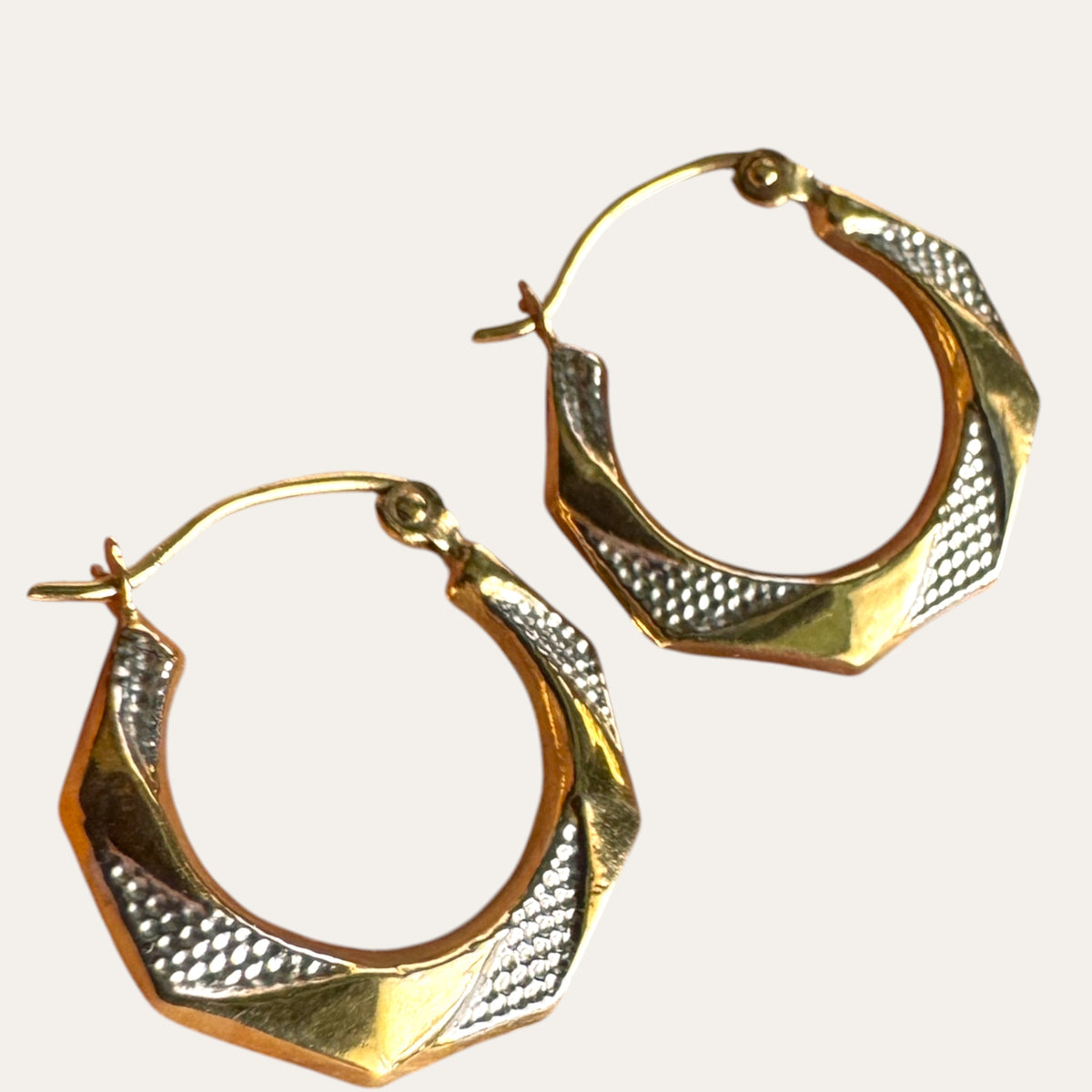 Vintage 10K Two-Tone Yellow & White Real Gold Textured Huggie Hoop Earrings