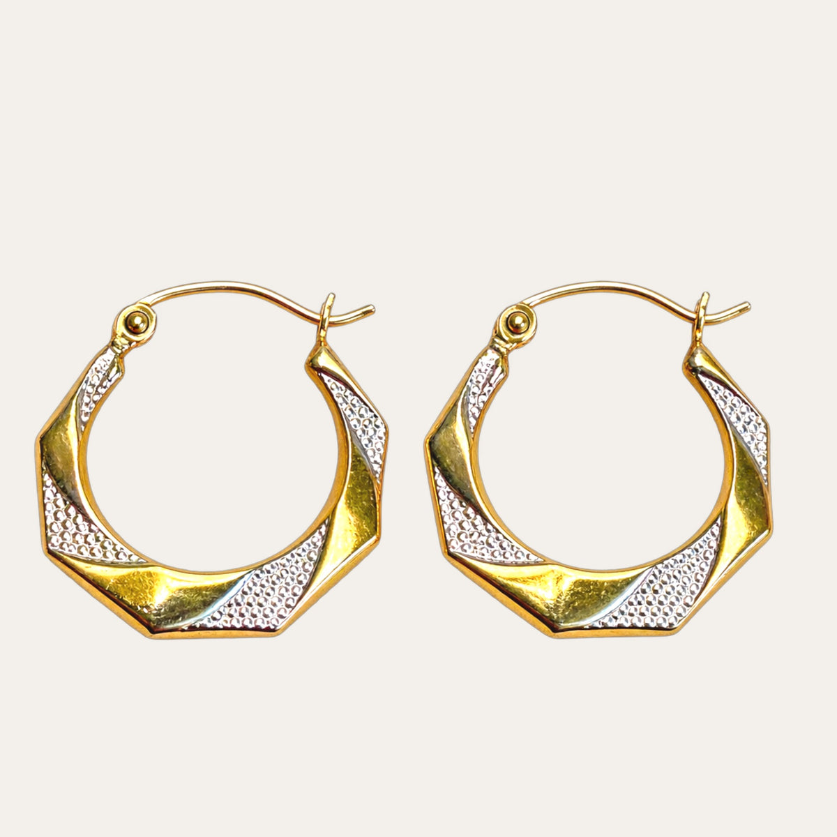 Vintage 10K Two-Tone Yellow & White Real Gold Textured Huggie Hoop Earrings