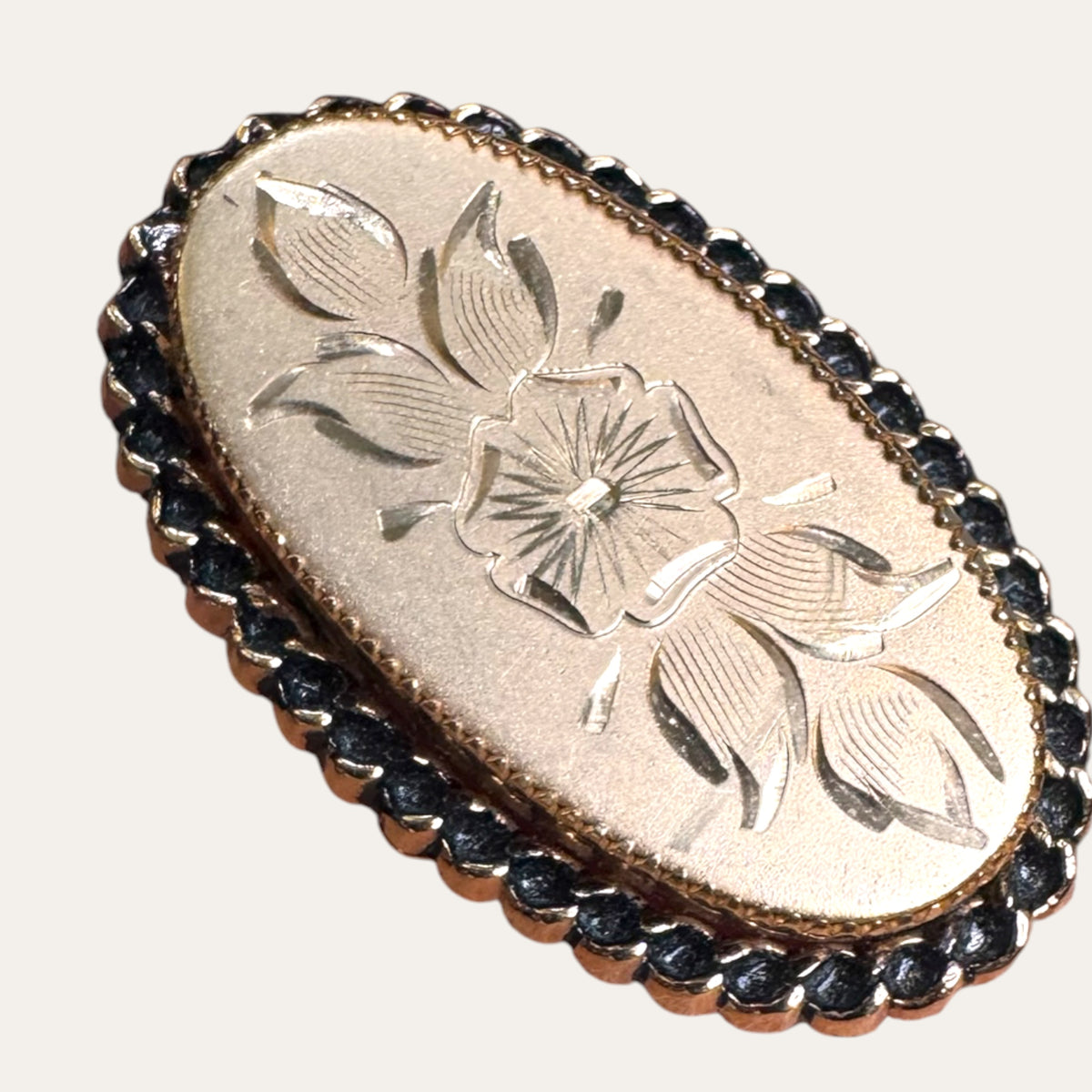 Vintage 1/20 12K Gold Filled Rose Gold Floral Engraved Oval Brooch – Mid-Century
