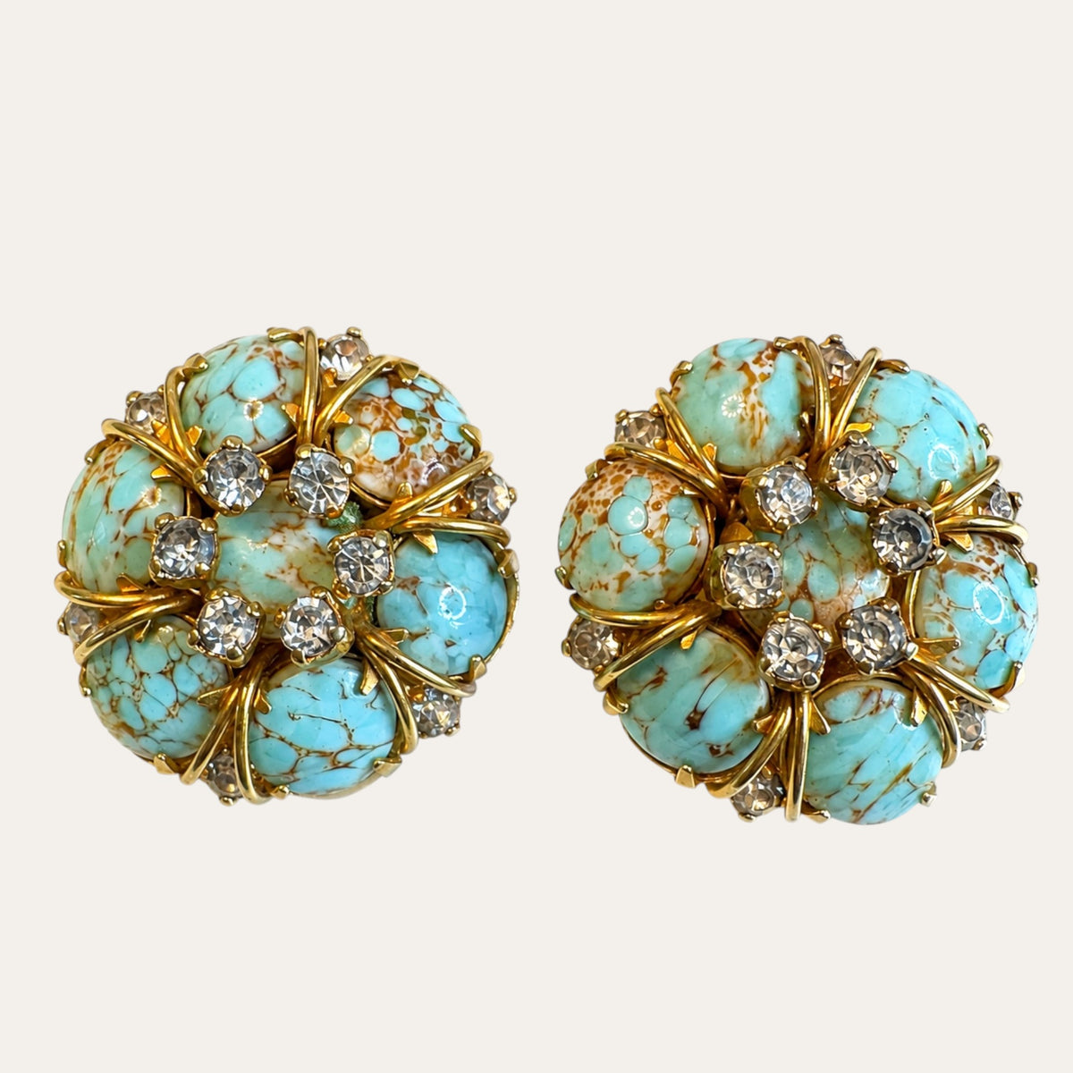 Vintage Hattie Carnegie Blue Matrix Glass & Rhinestone Cluster Clip-On Earrings – Signed