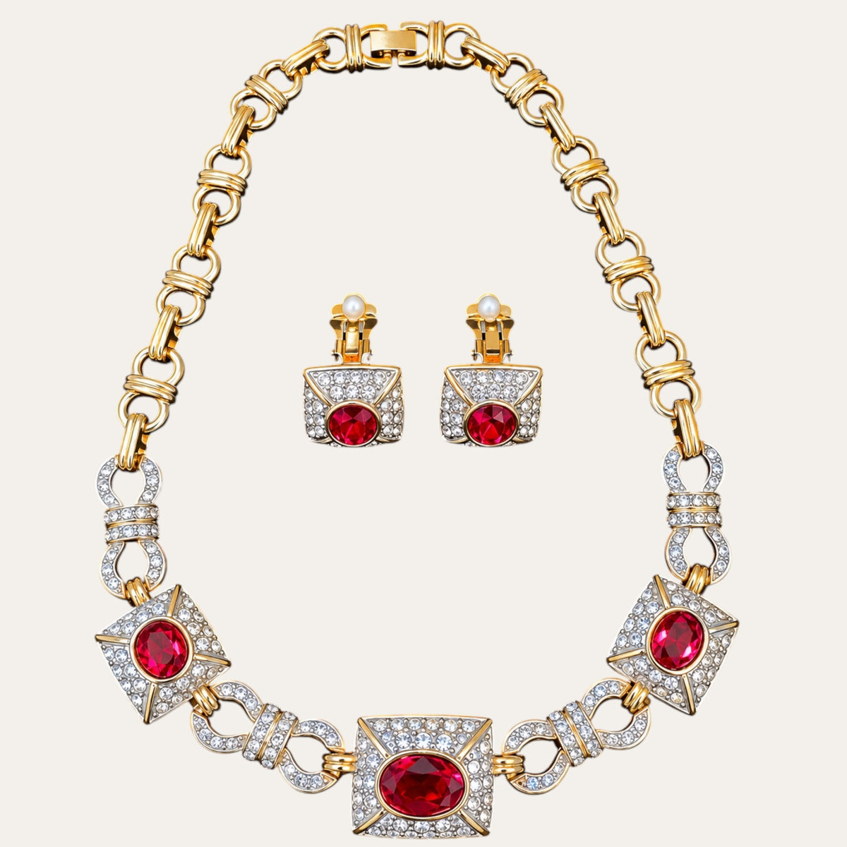 Vintage 1980s Ruby Red Glass & Clear Rhinestone Statement Necklace & Earrings Set | Two-Tone Fancy Link | Unsigned