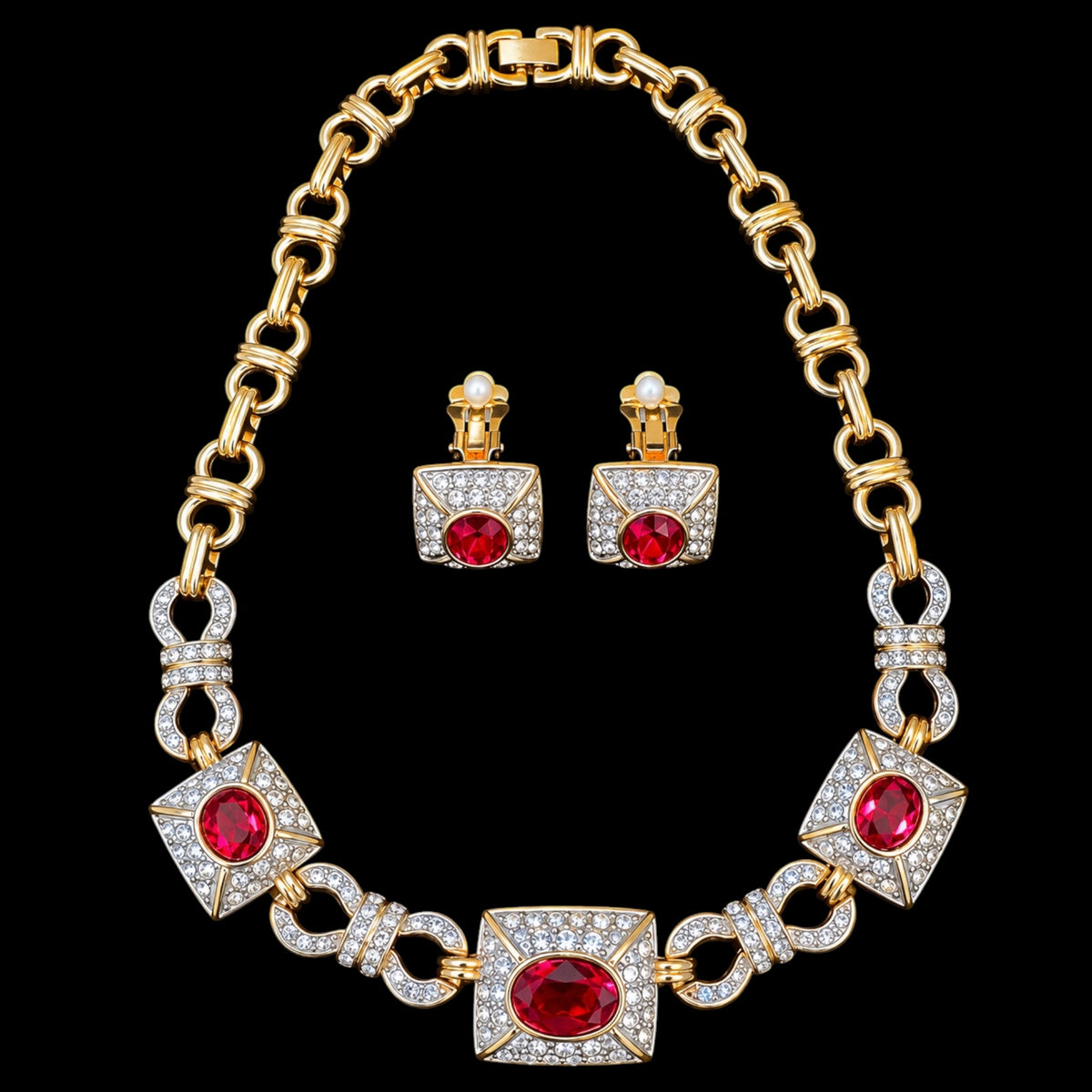 Vintage 1980s Ruby Red Glass & Clear Rhinestone Statement Necklace & Earrings Set | Two-Tone Fancy Link | Unsigned