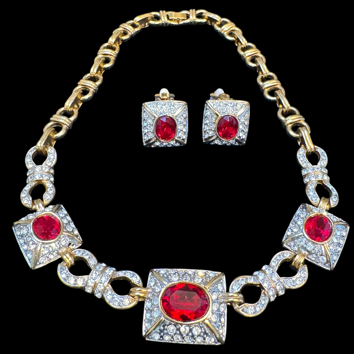 Vintage 1980s Ruby Red Glass & Clear Rhinestone Statement Necklace & Earrings Set | Two-Tone Fancy Link | Unsigned