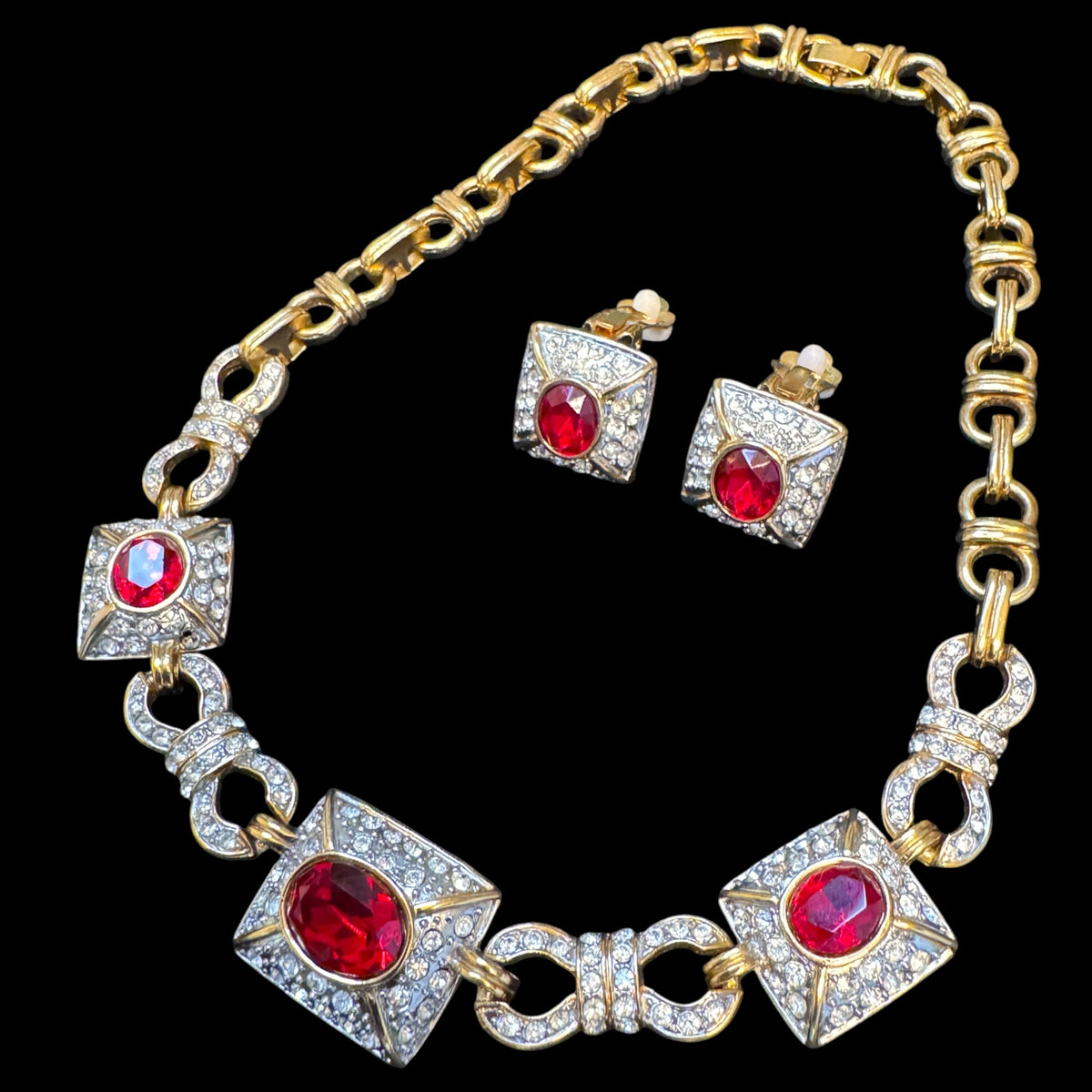 Vintage 1980s Ruby Red Glass & Clear Rhinestone Statement Necklace & Earrings Set | Two-Tone Fancy Link | Unsigned