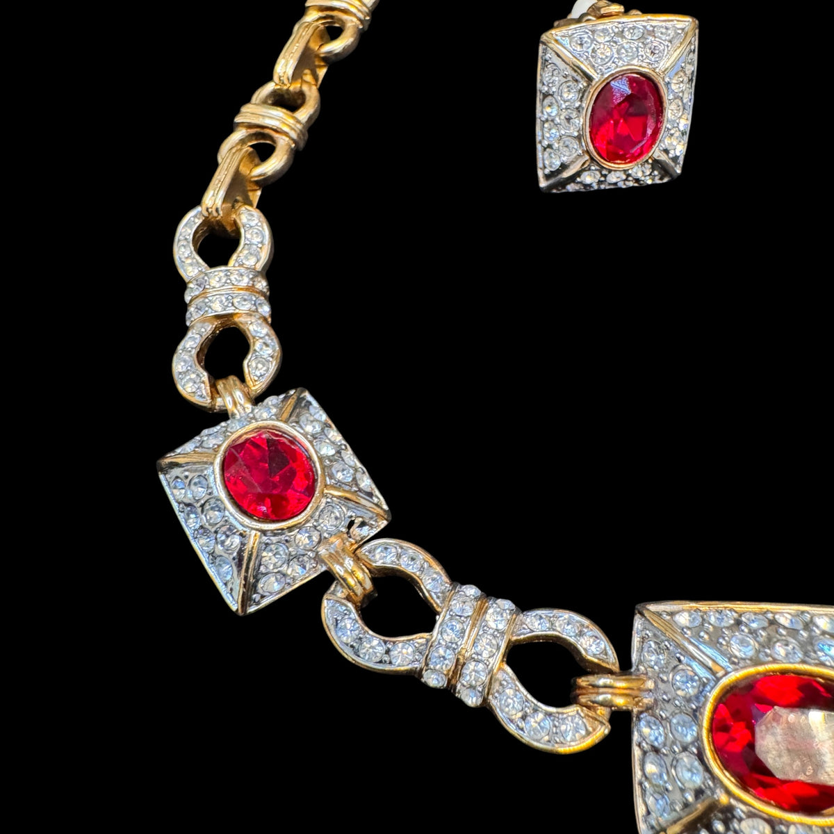 Vintage 1980s Ruby Red Glass & Clear Rhinestone Statement Necklace & Earrings Set | Two-Tone Fancy Link | Unsigned