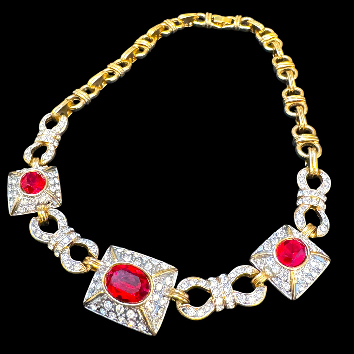 Vintage 1980s Ruby Red Glass & Clear Rhinestone Statement Necklace & Earrings Set | Two-Tone Fancy Link | Unsigned