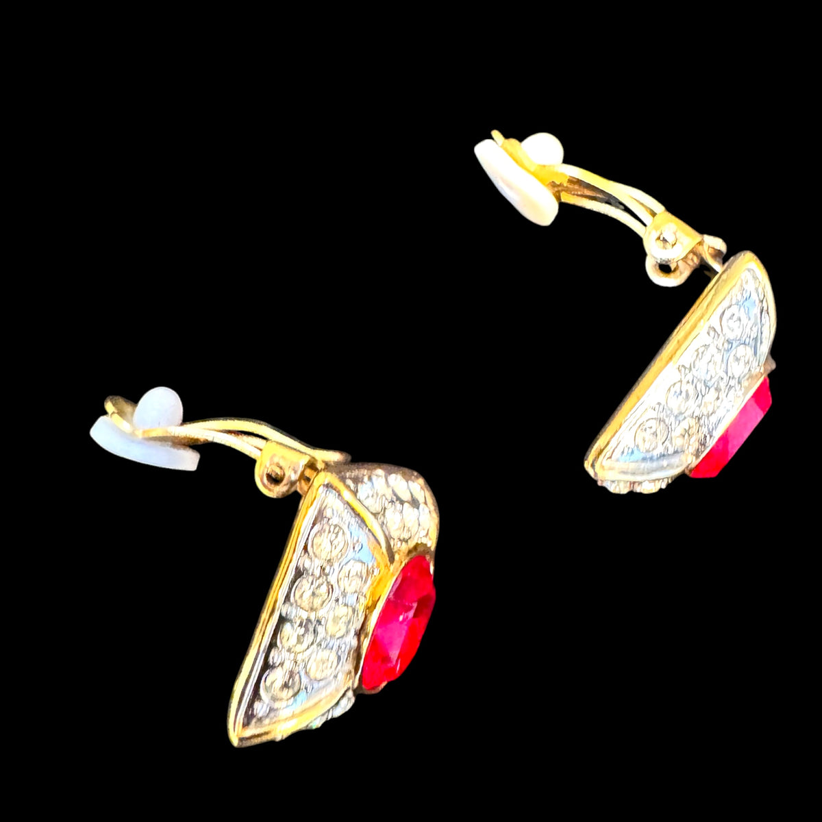 Vintage 1980s Ruby Red Glass & Clear Rhinestone Statement Necklace & Earrings Set | Two-Tone Fancy Link | Unsigned