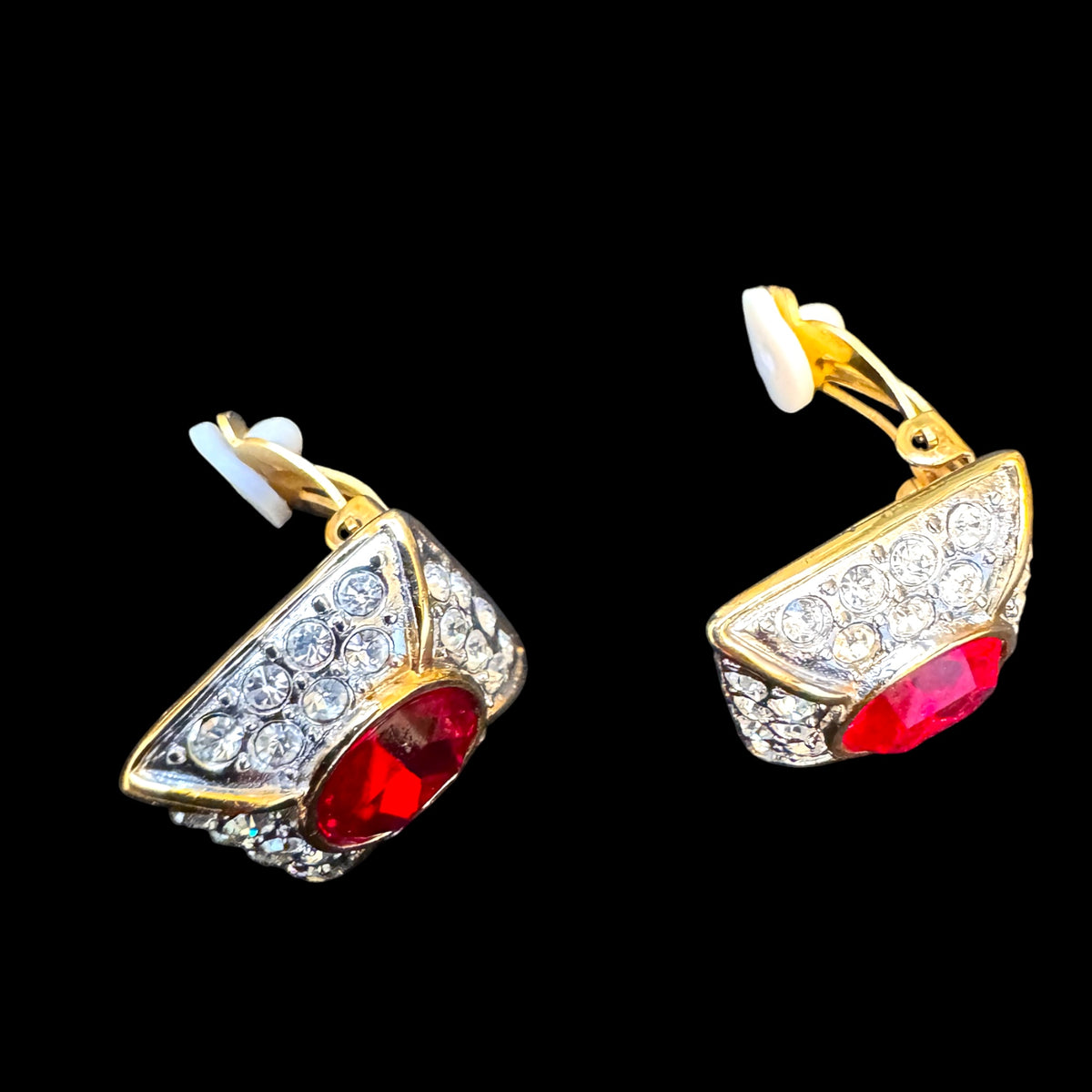 Vintage 1980s Ruby Red Glass & Clear Rhinestone Statement Necklace & Earrings Set | Two-Tone Fancy Link | Unsigned